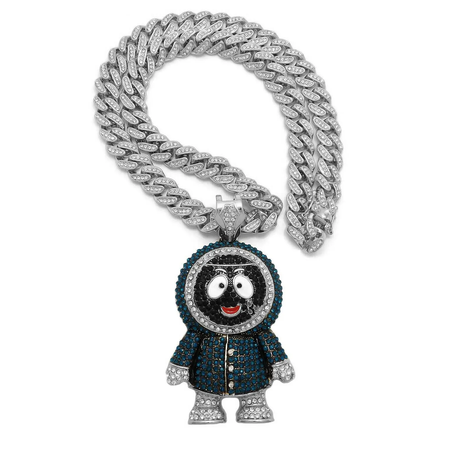 MaxBling81 Unisex Whimsical Chunky Silver-Plated Eskimo Snowman Charm Necklace, 13mm Iced Cuban Link Chain, 16"-30" Multi-Size Cubic Zirconia Hip Hop Costume Jewelry, Whimsical Necklace, Cubic Zirconia Necklaces