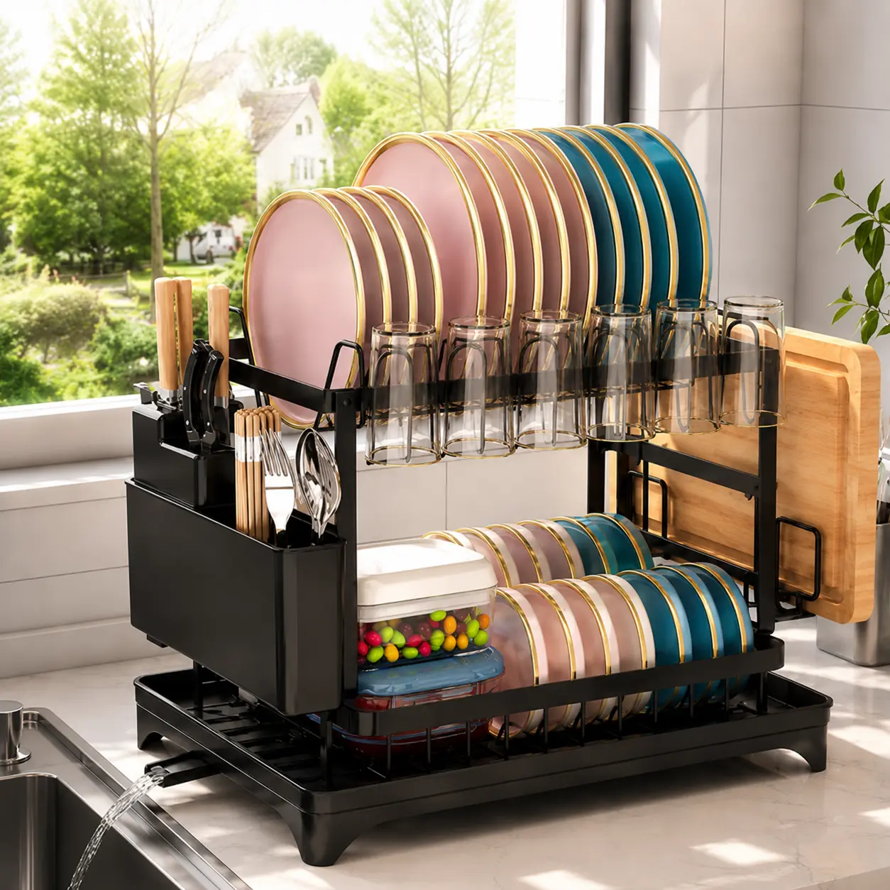Bepatio 2-Tier Carbon Steel Dish Drying Rack Home Organizer with Rectangle Rapid Drain Sink Tray, 2-Level Automatic Draining Boards, Cutlery Holder, Cutting Board Holder, Stable Anti-Slip Kitchen Countertop Organizer for Plates, Bowls, Kitchen Accessories
