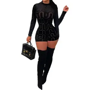 Women Sexy See Through Long Sleeve Short Jumpsuits Sheer Mesh Tie Dye Skinny Pants Club Rompers Womenswear