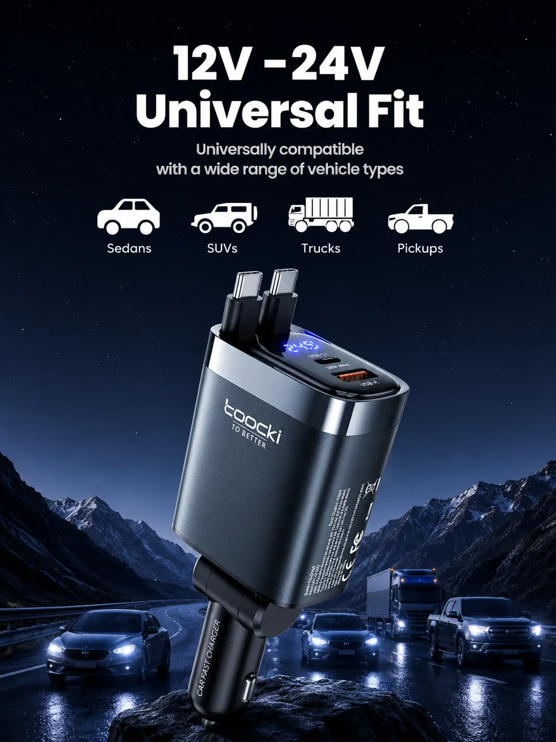 105W Retractable Car Charger with Built-in Cable (Dual USB-C / USB-C + Lightning) Car Charging Station Car Adapter