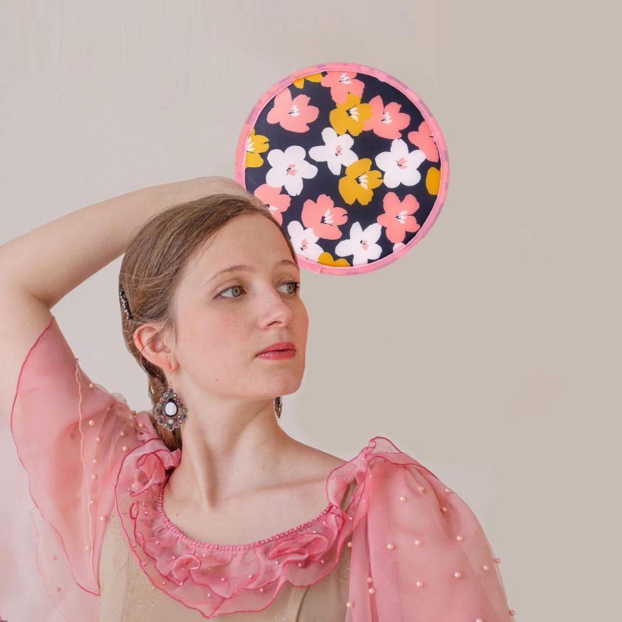 4 PCS 4 Styles Foldable Cooling Fans, Handheld Colorful Floral Round Fans for Travel, Events, Indoor & Outdoor (Nile Blue)