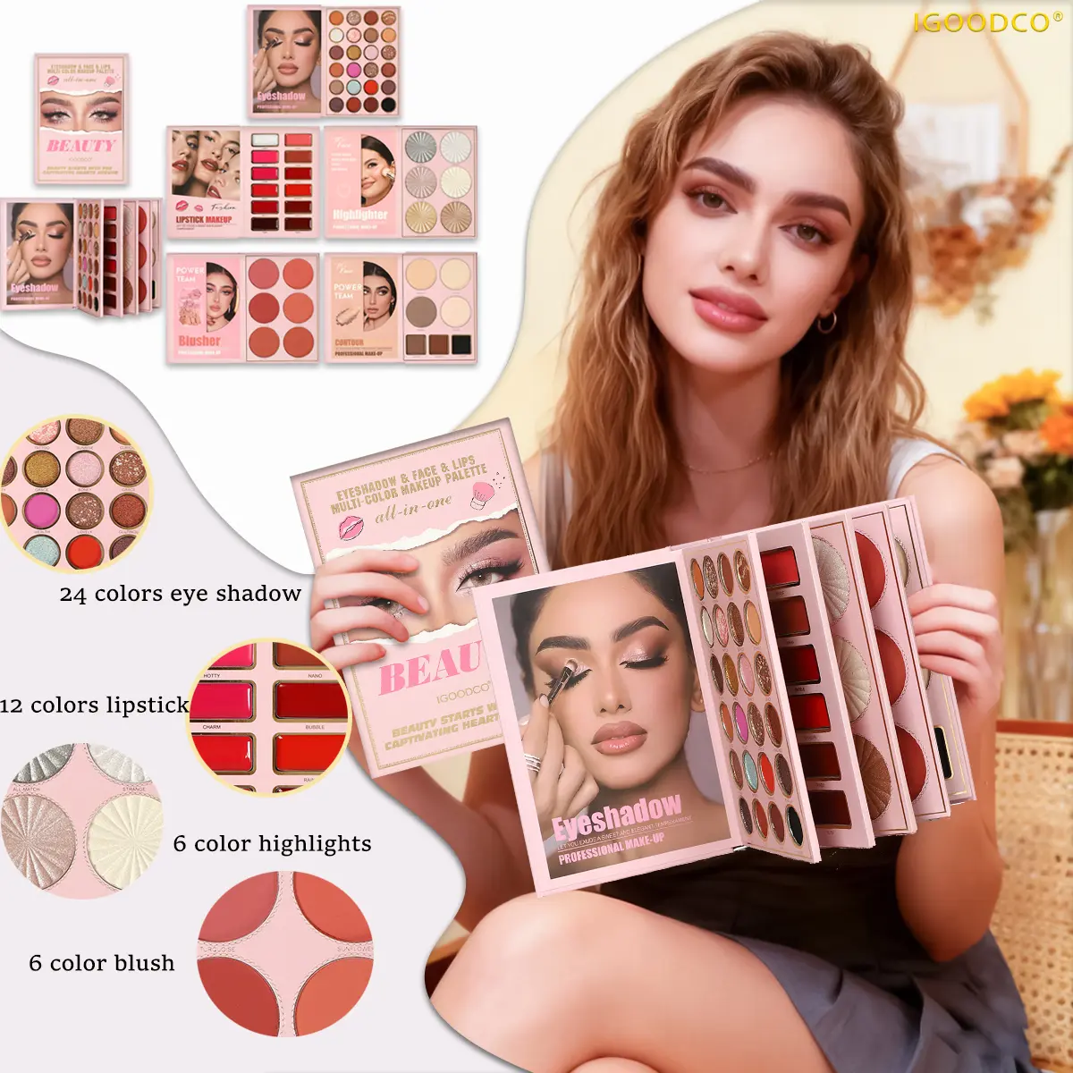 IGOODCO  【IG3130】 Multicolor Eyeshadow Palette - High-Pigment Pearl, Glitter Sequins, Set with Lipsticks, Highlighters, Beauty Products for Stage Use, Ideal Gifts for Women,sunscreen