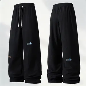 New men's black corduroy wide-leg embroidered casual pants in spring and autumn, retro casual style, fun small embroidery on the side, wide-leg vertical version, suitable for men who pursue retro relaxation for daily commuting