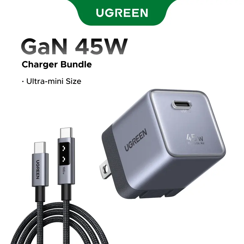 UGREEN 45W USB-C GaN Charger with Cable, Compact Foldable Plug for Mobile Charging, Compatible with iPhone 17/16/15 Pro Max, Galaxy S25/S24 Ultra, Pixel, iPad, MacBook, Ideal for International Travel (45W Output)