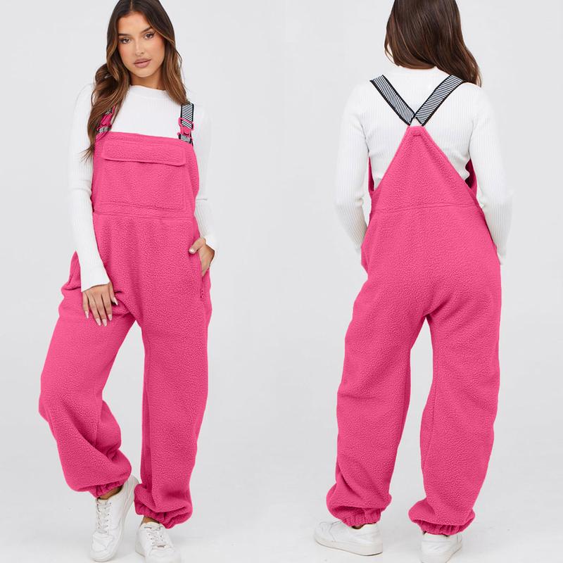 Buenoble Women's Fuzzy Fleece Overalls Winter Bib Pants Loose Fit Adjustable Strap Jumpsuit Warm Teddy Sherpa Romper Loungewear Streetwear