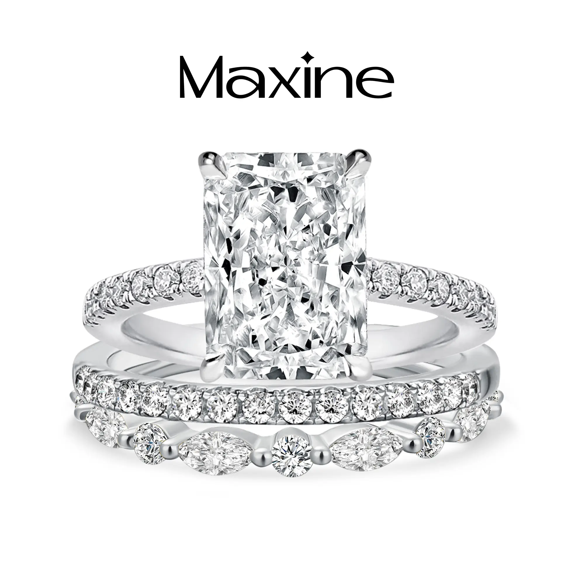 Maxine Noble 3.3ct Radiant Cut Engagement Ring Set, 3PC Bridal Ring Set, 5A Cubic Zirconia Women's Ring Jewelry,Wedding Ring Set for Daily,Travel,Proposal,Birthday,Anniversary, Fashion Ring Set