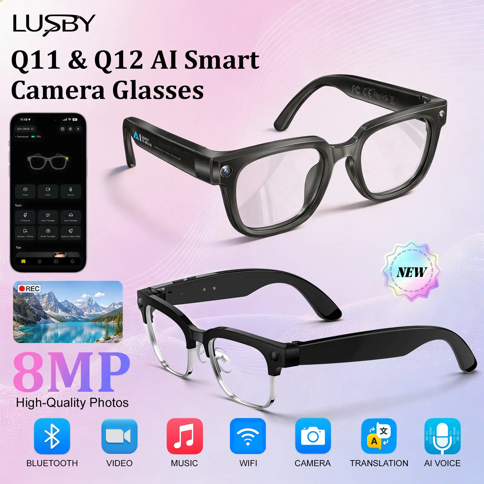 LUSBY Classic Smart Glasses - New Q12 Upgraded & Q11 AI Model, 8MP Photo/Video Recording, 160+ Languages Real-Time Translation, Photochromic UV400 Lenses, Bluetooth Wireless, Magnetic, Rechargeable Batteries, Hands-Free Business & Travel Wearable
