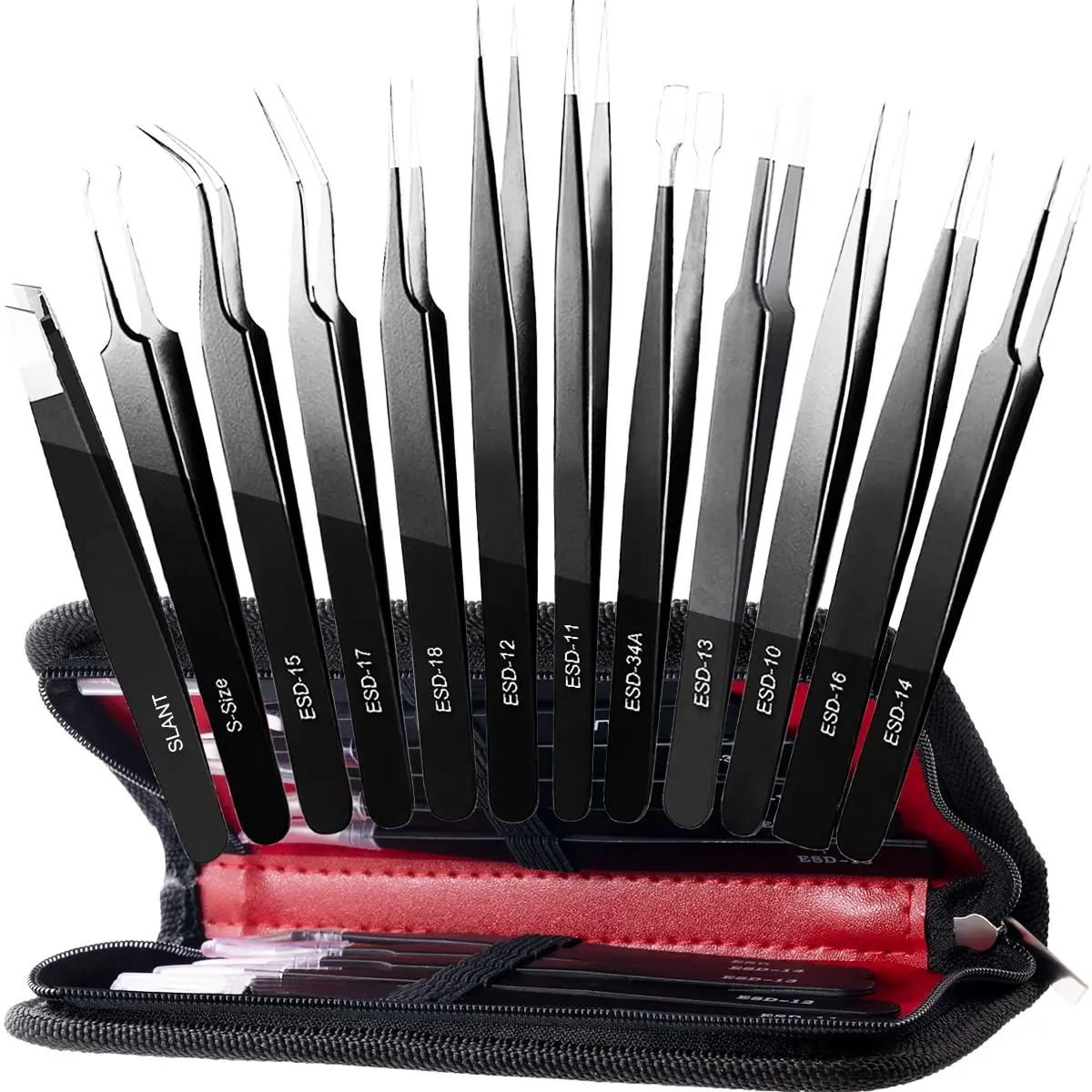 12 Pack Tweezers, Precision Set, Craft Tweezer Kit, Soldering , Jewelry , Pointed Ingrown Hair , Eyelash Extension , Eyebrow - with Case