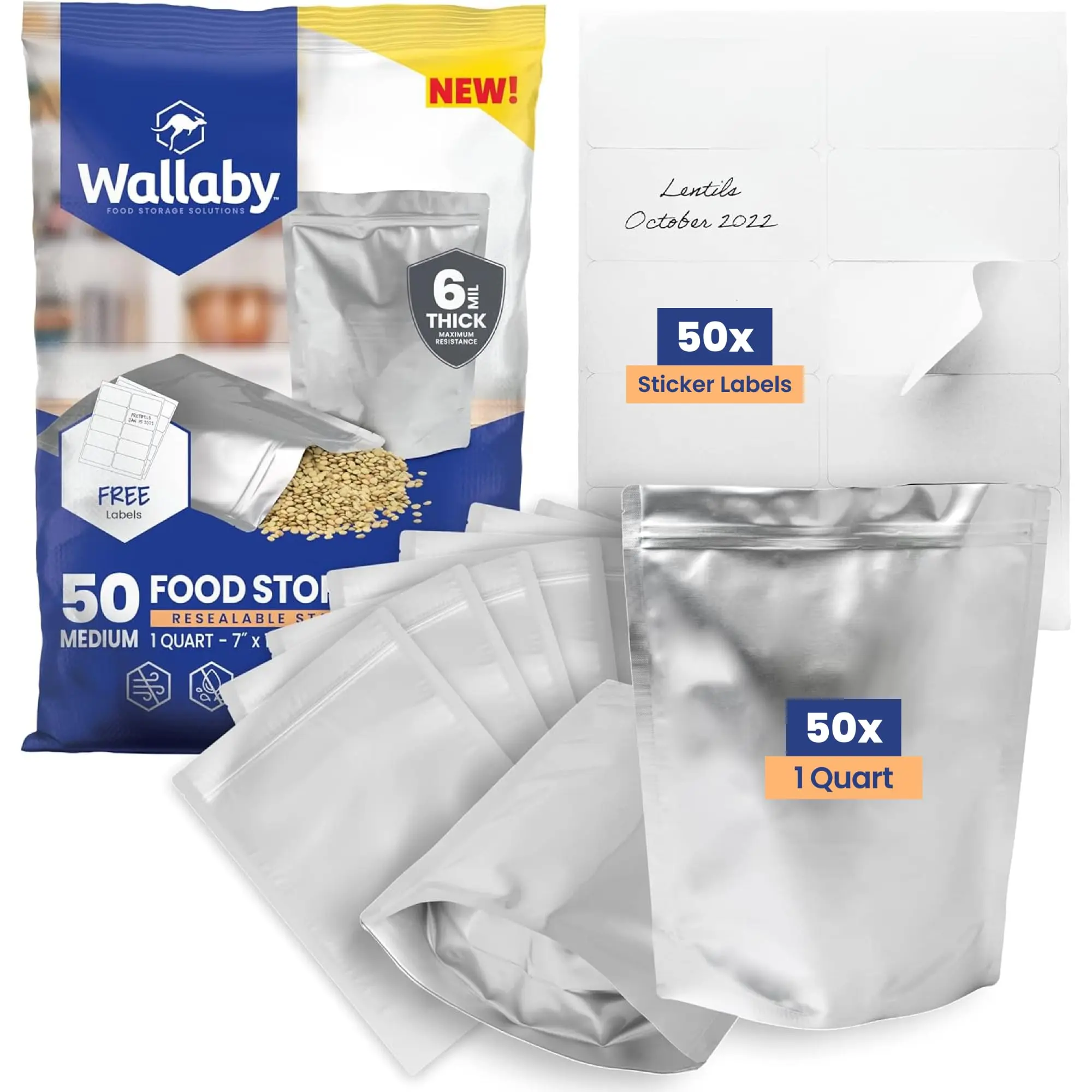 Wallaby 1-Quart Gusset Mylar Bags with Labels (50 Count), 12 Mil Total Thickness, Dry Food Storage, Heat-Sealable Airtight Long-Term Home Storage Bags - Silver, Dry Storage Bags