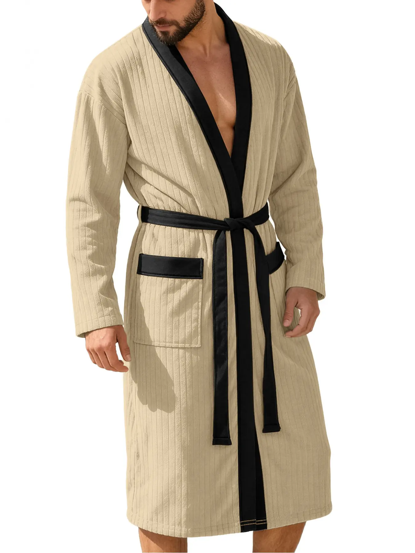 Men's Long Robe Loose with Color Block Neckline, Long Sleeve, Waist Belt, Home Leisure Loungewear Bathrobe with Pockets, Comfortable, Stylish and Elegant
