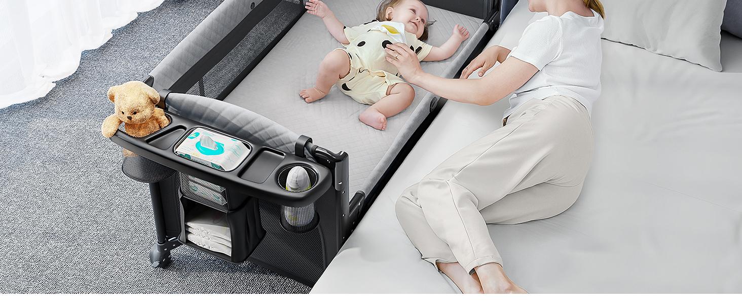 BabyBond Baby Crib 5 in 1 Foldable Baby Bassinets Bedside Sleeper,Large Playard Pack with Mattress, Storage Basket and Mosquito Net, Height Adjustable for Nursery, Ideal Chirstmas Gift for Baby,  Babyshower Gift