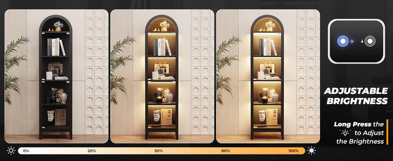 BROTTAR Arched Display Cabinet with Glass Doors, 71" Narrow Curio Cabinet with LED Lights for Collectibles Bookcase, 5-Tier Showcase Glass Display Case with Human Body Sensor for Living Room, Black