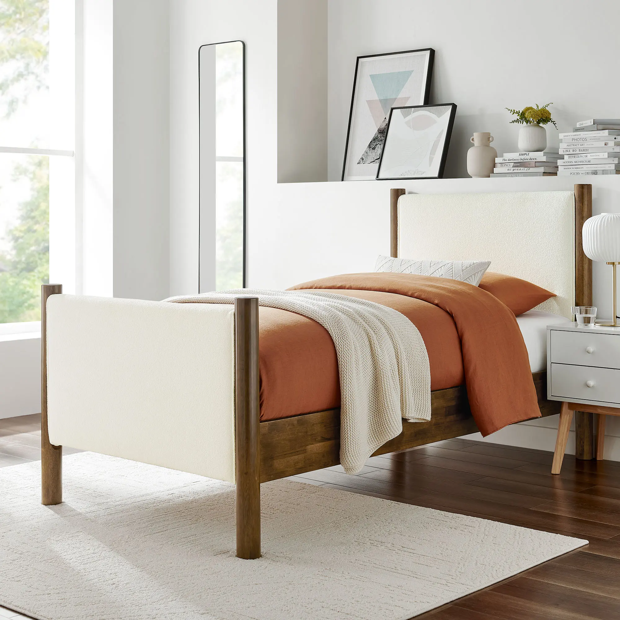 Maven Twin Size Boucle Upholstered Platform Bed in Feather Walnut