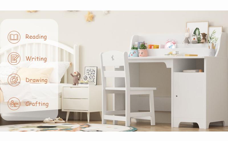 【GARVEE】Study Desk and Chair Set with Hutch and Storage Cabinet, Wooden Table for Students Aged 3-12, Ideal for Bedroom and Study Room, Functional Writing Desk and Computer Workstation