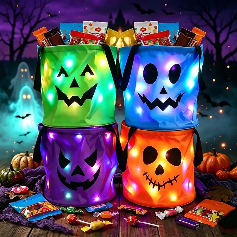 LED Halloween Pumpkin Light Candy Buckets & Non-Woven Tote Bags (3/4 Pcs) - Reusable Trick-or-Treat Collectible Party Favors for Kids - Christmas Home Outdoor Decor Sets