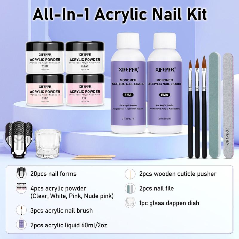 XIFEPFR Acrylic Nail Kit - Clear Pink White Nude Powder & Liquid Monomer Set with Brush Nail Forms Extension Kit for Beginners Home DIY Nail Art