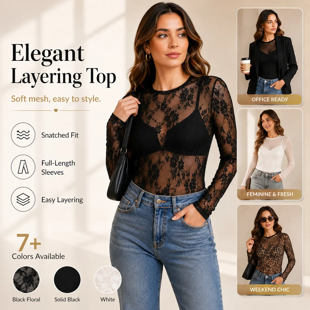 OFEEFAN Womens Mesh Tops Lace Long Sleeve Shirts Crewneck Slim Fitted Outfits See Through Blouses Embroidery Black Casual Elegant