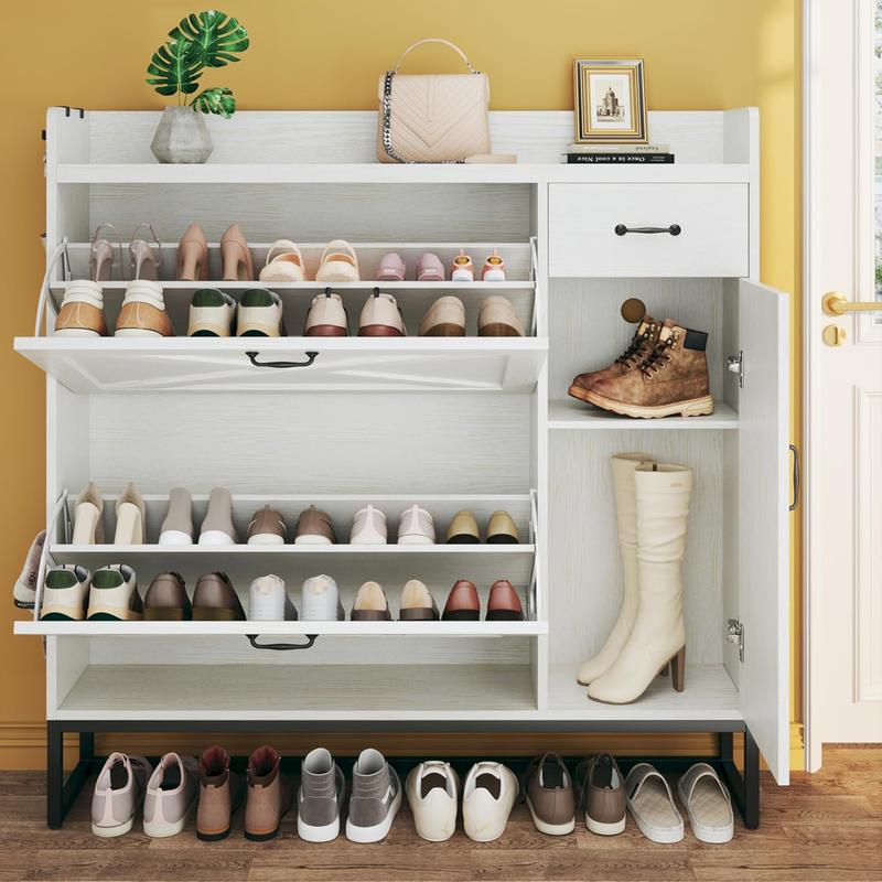 Shoe Cabinet with 2 Flip Drawers & Side Cabinet, Shoes Cabinet with Adjustable Shelves, Shoe Storage Cabinet with Drawer & Mounted Shoe Rack for Entryway, Hallway, Shoe Organizer Cabinet, White