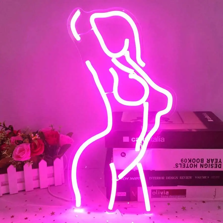 ROSNEK Hot Pink Feminine Acrylic-Silicone Dimmable USB Power LED Neon Sign - Adjustable Brightness Silhouette Wall Light, Flexible Bedroom Led Signs, Valentine’s Day Room Decor Wall Mounted Gift for Adults' Bars, Decorative Neon Sign