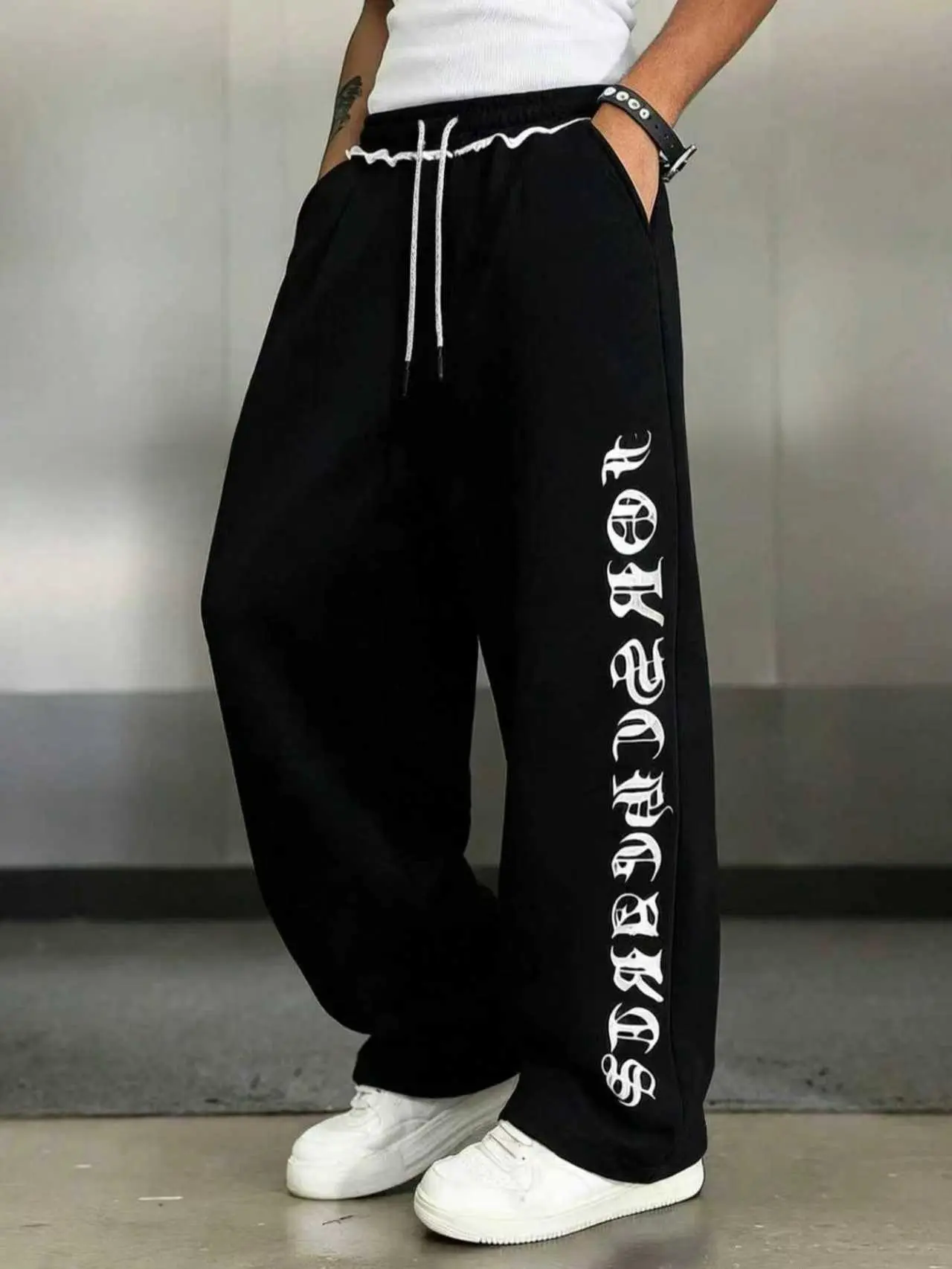 Men's Fashion Casual Athletic Essential Sweatpants - Letter Print, Distinctive Rolled Waistband, Drawstring Waist, Straight Leg Long Pants - Streetwear Clothing for Leisure Sports, Indoor-Outdoor Wear (Couple Gift Option)