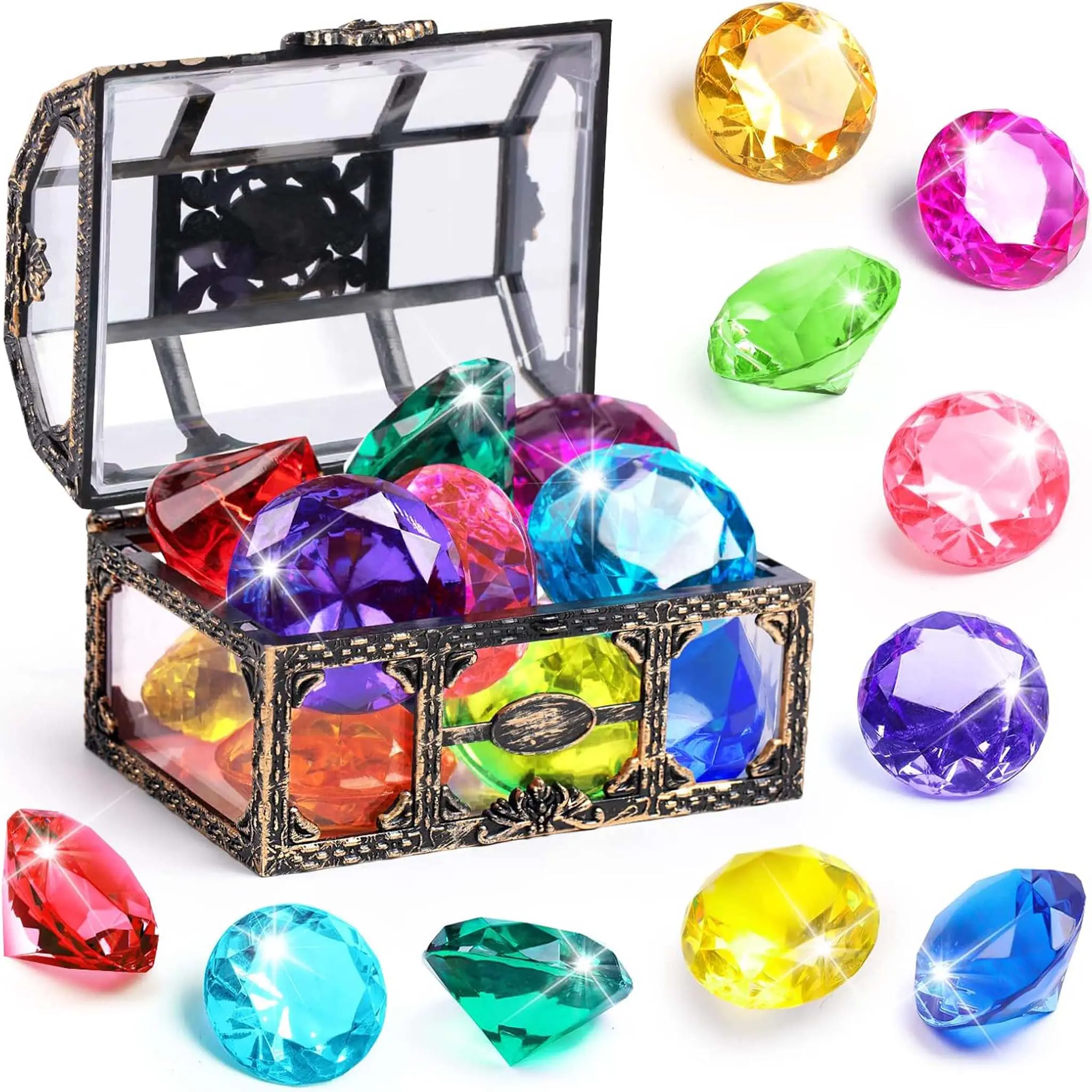 Diving Gem Pool Toys 10PCS, DISHIO Big Colorful Diamond Diving Toys with Treasure Chest Box, Pirate Underwater Sinking Toys for Kids & Toddlers, Perfect for Swimming, Bath Time & Birthday Party Decorations