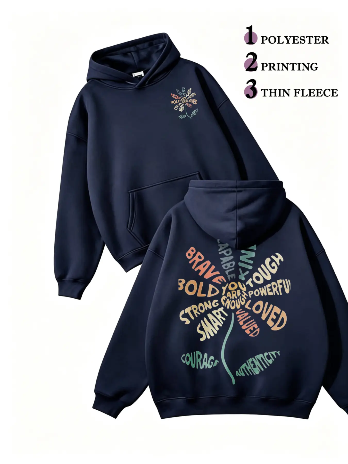 Women's Oversized Graphic Drawstring Hoodie, Inspirational Brushed Fleece Cotton Blend Pullover, Medium Length Casual Top, Cold Machine Wash, Long Sleeve, Positive Graphic, Sweatshirts