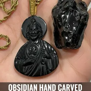 San Judas Jade Gemstone Pendant Hand Carved with Gold Chain for Men and Women