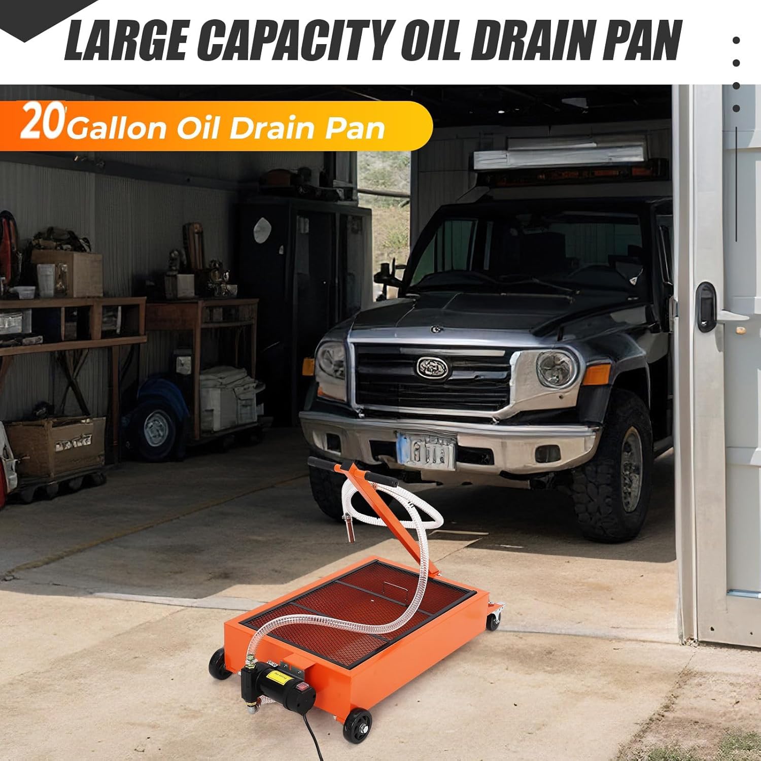 15/20GAL Oil Drain Pan with 110V Electric Pump, Metal Oil Change Pan Cart with 8FT Hose and Folding Handle, Durable and Portable for Cars SUVs Trucks Buses RVs, Orange 15/20GAL Oil Drain Pan with 110V Electric Pump, Metal Oil Change Pan Cart with 8FT Hose and Folding Handle, Durable and Portable for Cars SUVs Trucks Buses RVs, Orange