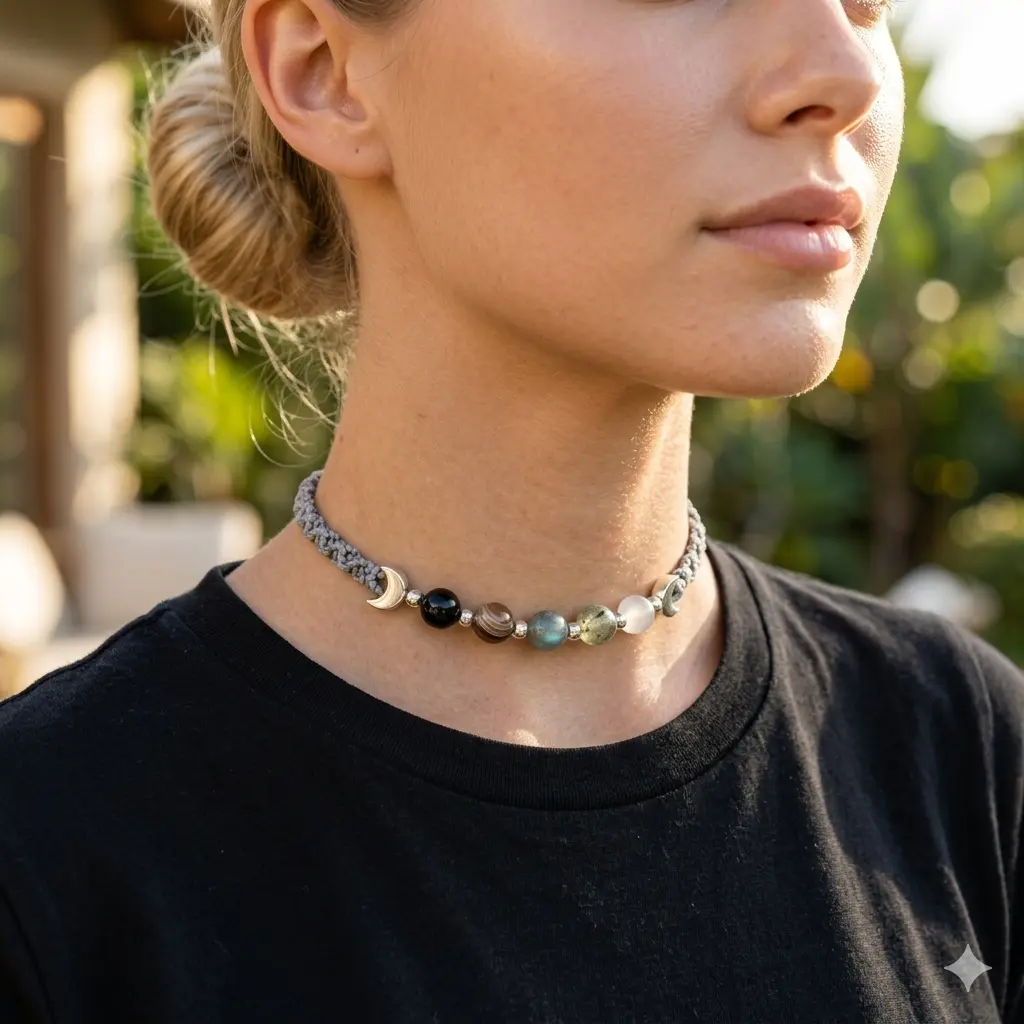 Women's Celestial Twin Moons Choker Necklace - Black Obsidian, Smoky Quartz, Moonstone, Labradorite, Selenite, Wax Cord - Divine Feminine Daily Wear Costume Jewelry, Funky Unique Accessories, Zodiac Necklaces