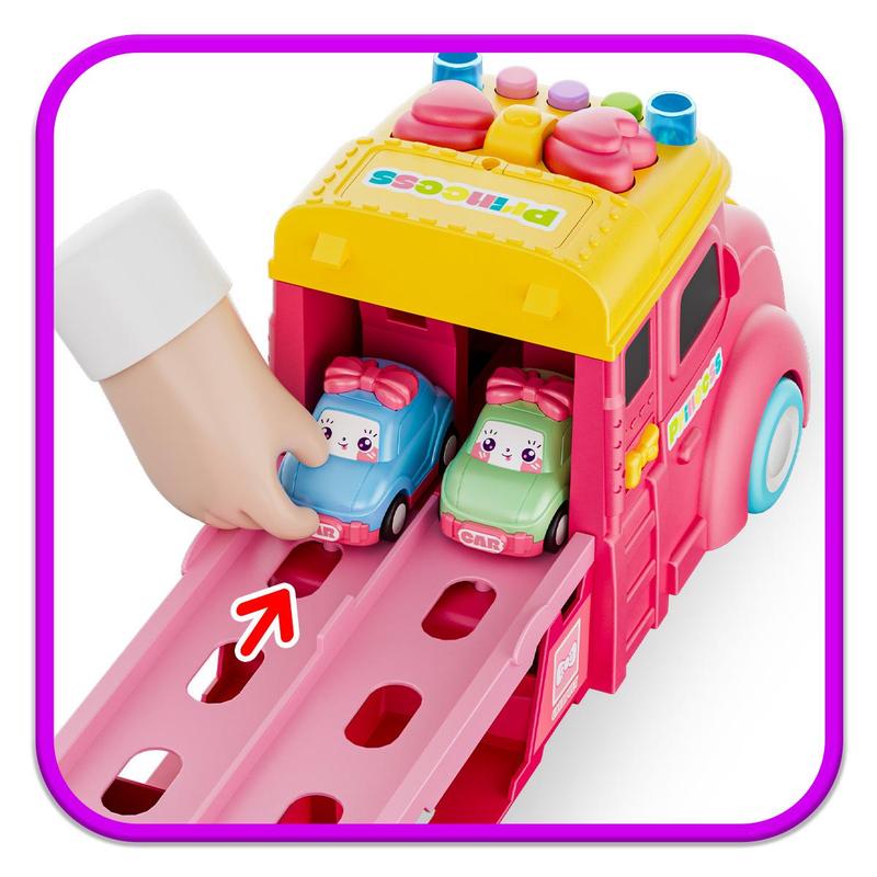 Durable Garage Multifunction Dinosaur/Princess/Unicorn Truck Toys for 2-7 Year Boys & Toddlers Foldable Track 2 Player Race Mode Light Sound Transport Carrier with 6 Dino Cars 12 Accessories Birthday Christmas Gift Idea for Kids Girls