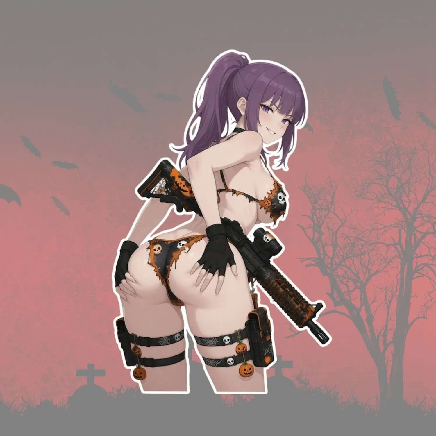Sexy Halloween Anime Gun Girl Vinyl Sticker, Tactical Purple Hair Bikini Waifu with MK18 Rifle Decal, Pinup Booty Operator Waterproof Sticker for Laptop, Gun Case, Toolbox