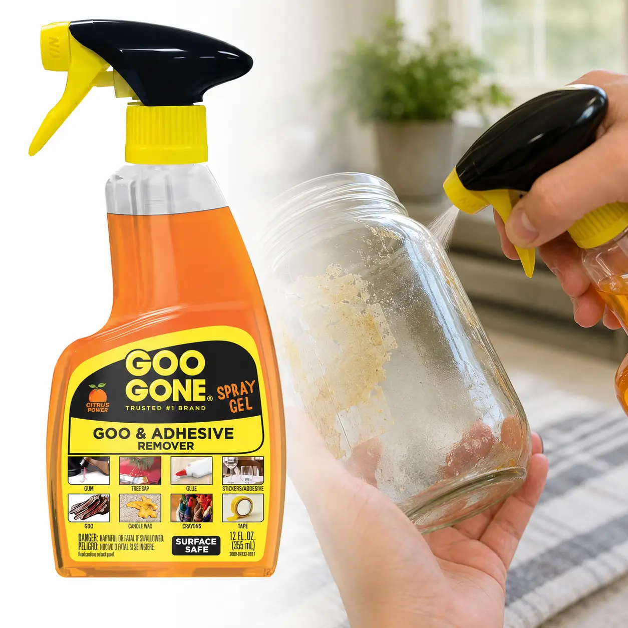 Goo Gone 12 oz. Goo and Adhesive Remover All-Purpose Cleaner Spray, Spray Gel for Sticky Messes, Clinging Gel for Vertical Surfaces, Removes Adhesive Labels Glue Gum Wax, Drip-Free Citrus Formula, Safe on Most Surfaces.