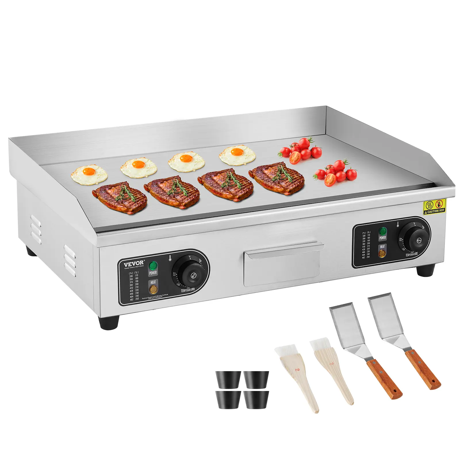 Commercial Electric Griddle, 2800W Countertop Flat Top Grill, 122℉-572℉ Adjustable Temp, 25.98 x 15.75 x 0.39in Stainless Steel Griddle Grill with 2 Shovels and 2 Brushes for Home or Restaurant