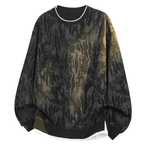 Tie-dye design faux two-piece sweatshirt for men—spring streetwear loose-fit long-sleeve top, ideal as a base layer/inner T-shirt. New retro tie-dye distressed crewneck long-sleeve sweatshirt, unisex and versatile with a premium feel. Soft, comfortable fa