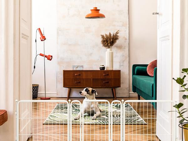 FXW Dog Gate Extra Wide Indoor Use, 24"/32"/40"/45" Height, Adjustable Width Up to 92"/111"/137"/165"/183"/219" Inch with 4/6/8 Wire Panels, for Puppies and Small/Medium/Large Dogs