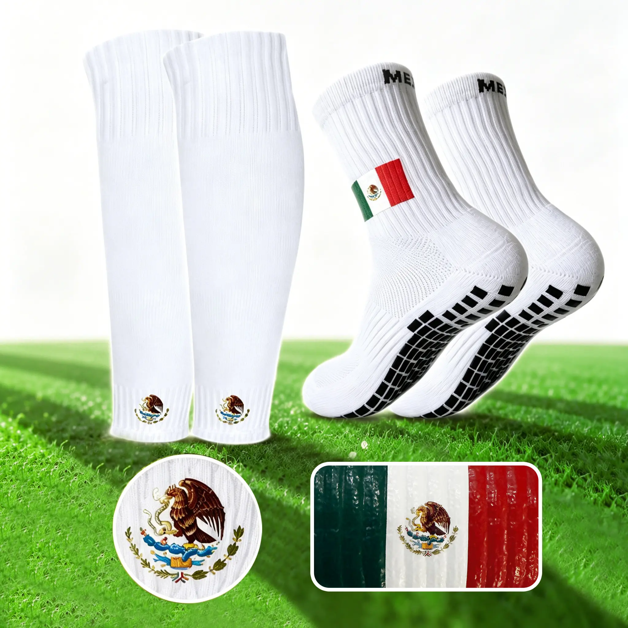 Grip Socks & Compression Sleeve Set with Mexican Heritage Style for Adults, Breathable Non-Slip Football Fashion Apparel, Grip Socks For Soccer, Sporty Chic, Soccer Fashion, Bioadhesive Moisture-Wicking Silicone Sports Socks