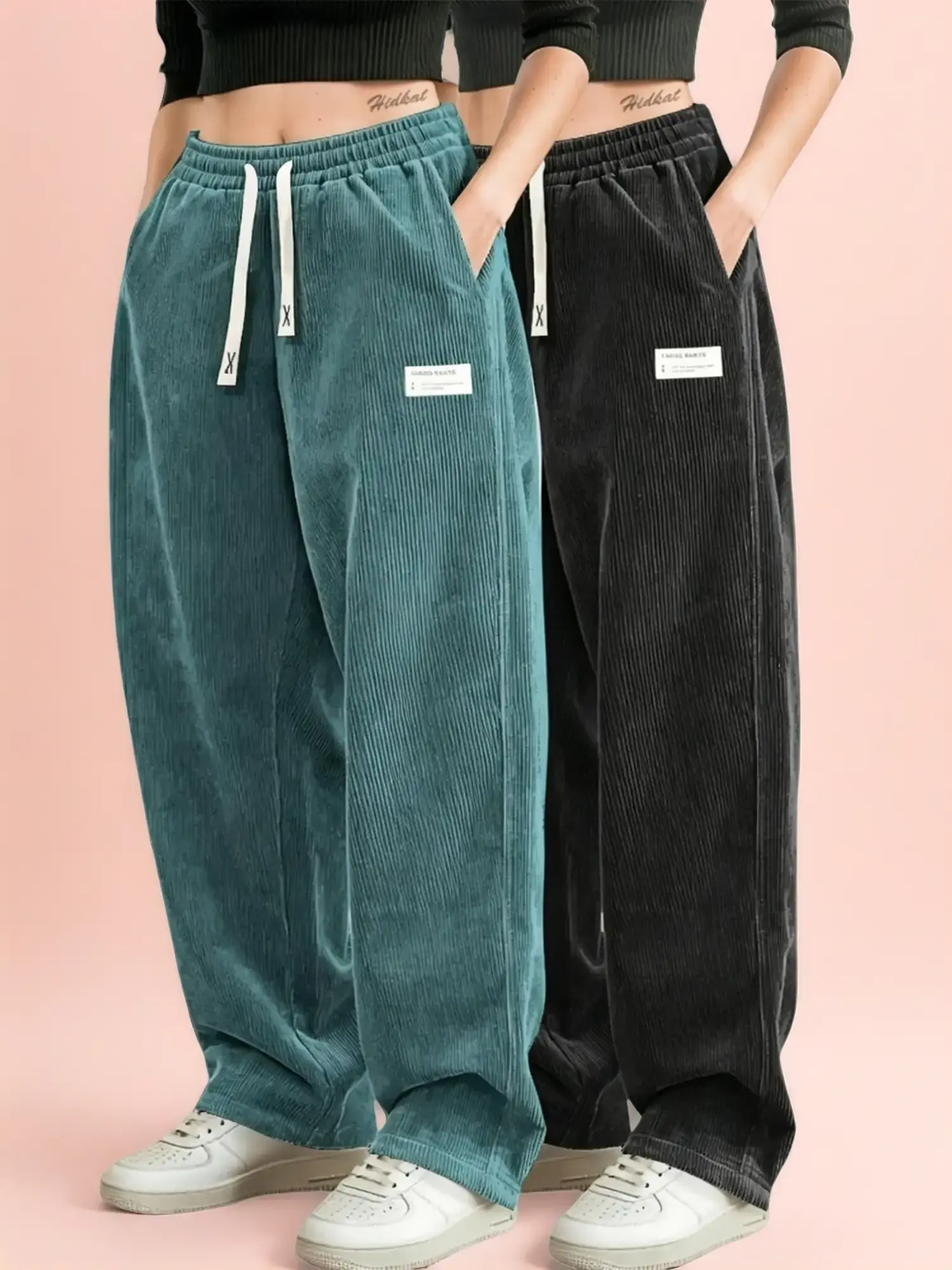 Women's Dark Green Corduroy 2-Piece Top & Bottom Set - High-Waisted Drawstring Loose Wide-Leg Pants, Sweatshirt, Sporty Clothes for Home, Light Athletic Use - Smooth, Drapey, Minimalist (Black Option)