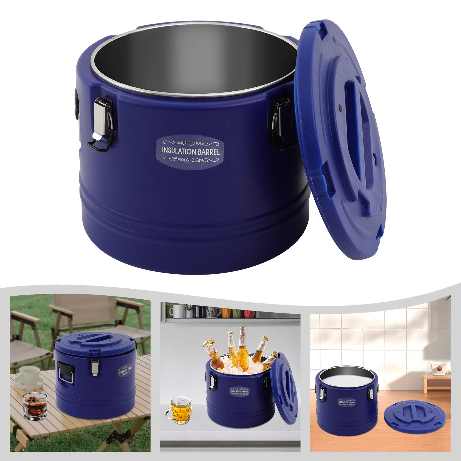 31.7Qt Sturdy Stainless Steel Commercial Insulated Bucket with Sealing Lid, Handles, Silicone Seals, Portable Insulation - Thermal Beverage Dispenser, Hot & Cold Food Storage for Milk Tea Shops, Outdoor Camping