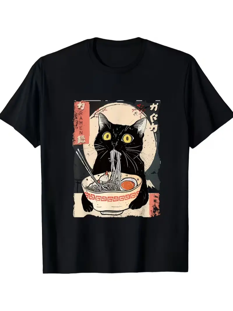 Men's Vintage Japanese Ramen Cat T-Shirt - Kitten Eating Noodles Print Round Neck Short Sleeve - Anime Cat & Ramen Lovers Casual Shirt - Machine Washable Comfortable Casual Attire