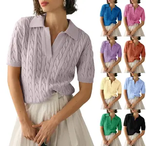 LAICIGO Spring Summer Women's Cable Short Sleeve Sweater Tops Simple Style Solid Lapel V Neck Knit Soft Shirt