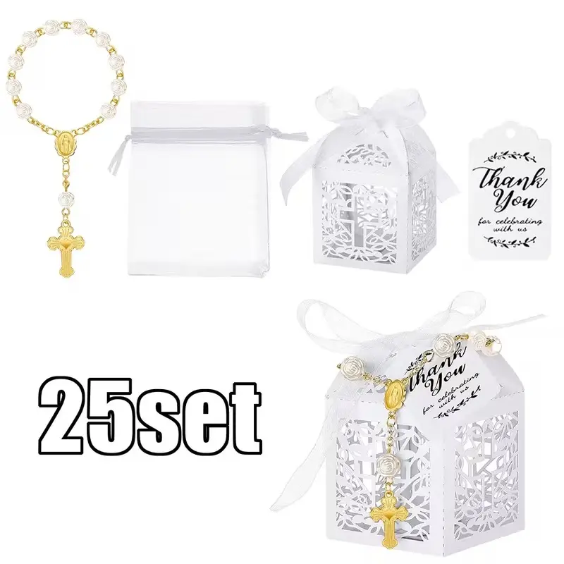 100-Piece Christian Baptism Favor Set (25 Complete Kits) - Home Supplies for Christening Party Supplies, Including Mini Rosaries, Laser-Cut Favor Boxes, White Organza Bags & "Thank You" Tags, 25 Organza Bags