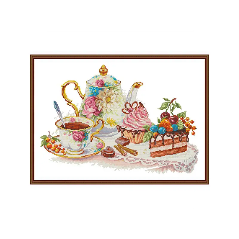 Afternoon Tea Cross Stitch Kit 14CT Printed Embroidery DIY Craft Traditional Cozy Wall Art for Living Room Holiday Gift Premium Threads Pre-Printed Fabric Needles Easy Instructions