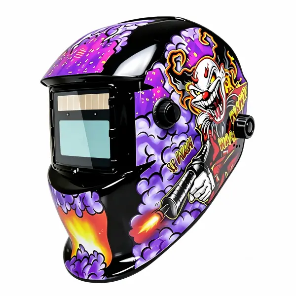 Auto Darkening Solar Panel Welding Helmet with PP Shell, Clown Graffiti Pattern Welder Hood Mask, 1/1/1/2 True Color Optical Clarity, Adjustable DIN Shade 9-13, Dual Arc Sensor Grinding Mask for TIG/MIG/Cut Work