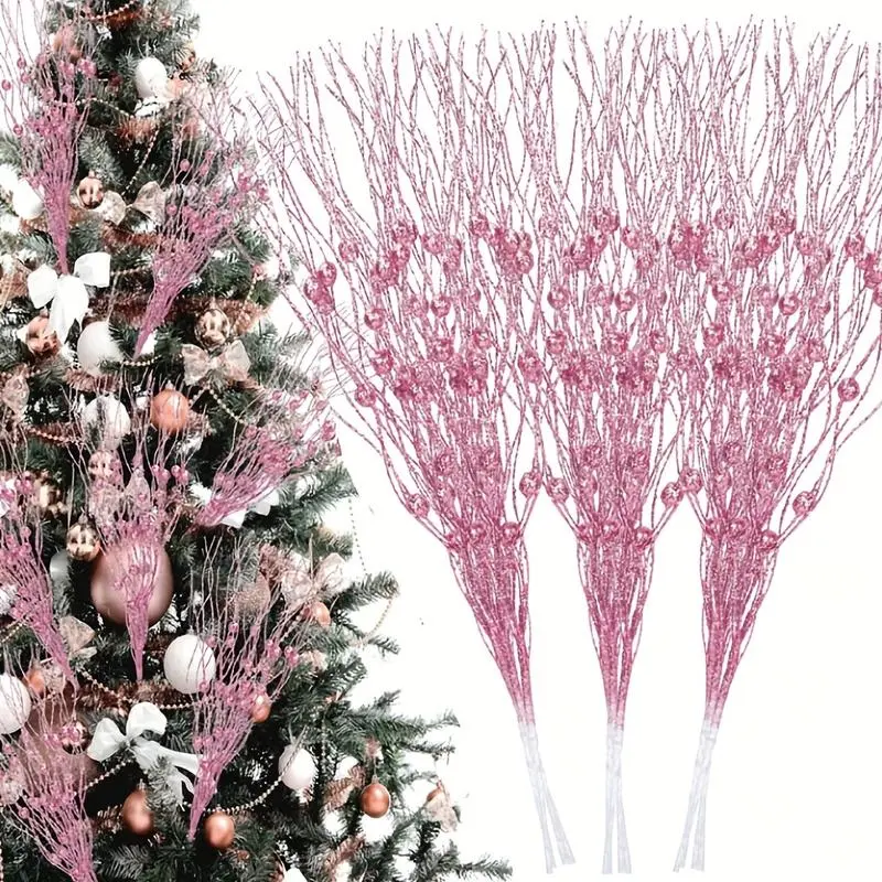 Sparkly Glittered Artificial Berry Branch Fashion Accessory Set - 12-Pack, 17 In Length, for Christmas Wreath, Home Vase Decor, Ornaments, Decorative, Wreath/Vase, 12 Pcs, Holiday, Synthetic, Vase Crafts