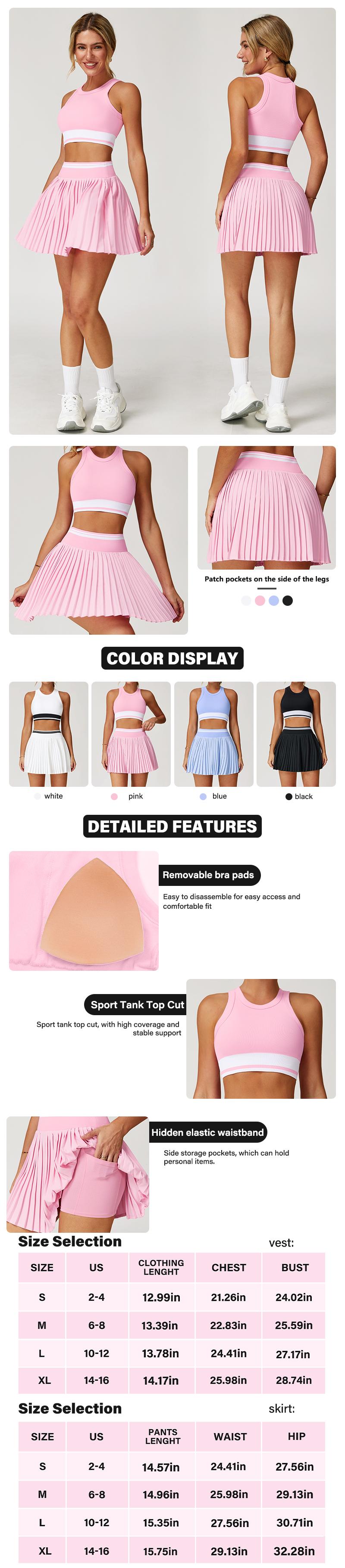 NVWA-Women's Colour Block Tennis Set Women's Pleated Skirt High Waisted Ruffled Tennis Skirt Athletic Skirt Running Shorts With Shorts Pockets Sports Sets Fitness Running Sets Casual Sporty Skorts