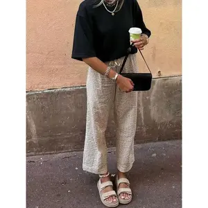 Women's Plaid Pants Gingham High Waisted Drawstring Wide Leg Pants With Pockets Soft Comfy Baggy Pants Casual Going Out Pants Loose Trousers Fabric Fit Womenswear Bottom Chic Everyday
