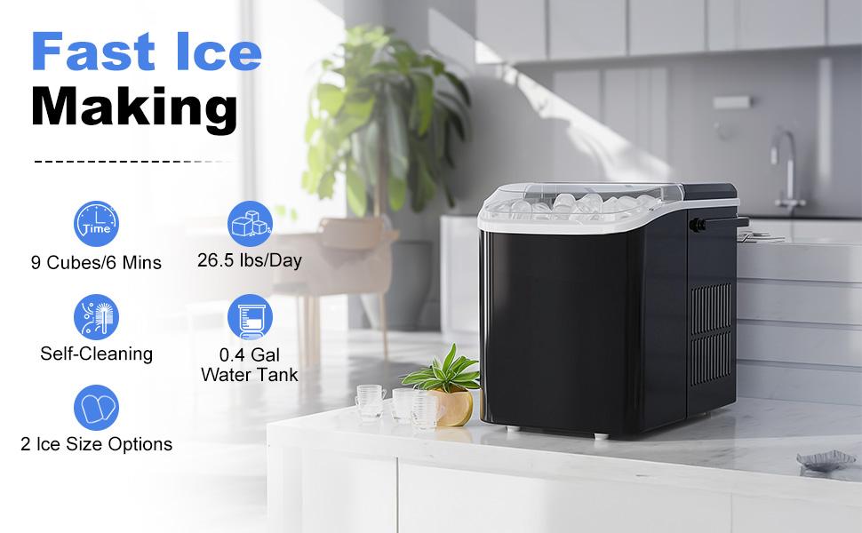 Countertop Ice Maker, Portable Ice Machine Self-Cleaning with Scoop, Basket and Handle, 9 Cubes in 6 Mins, 2 Sizes of Bullet Ice