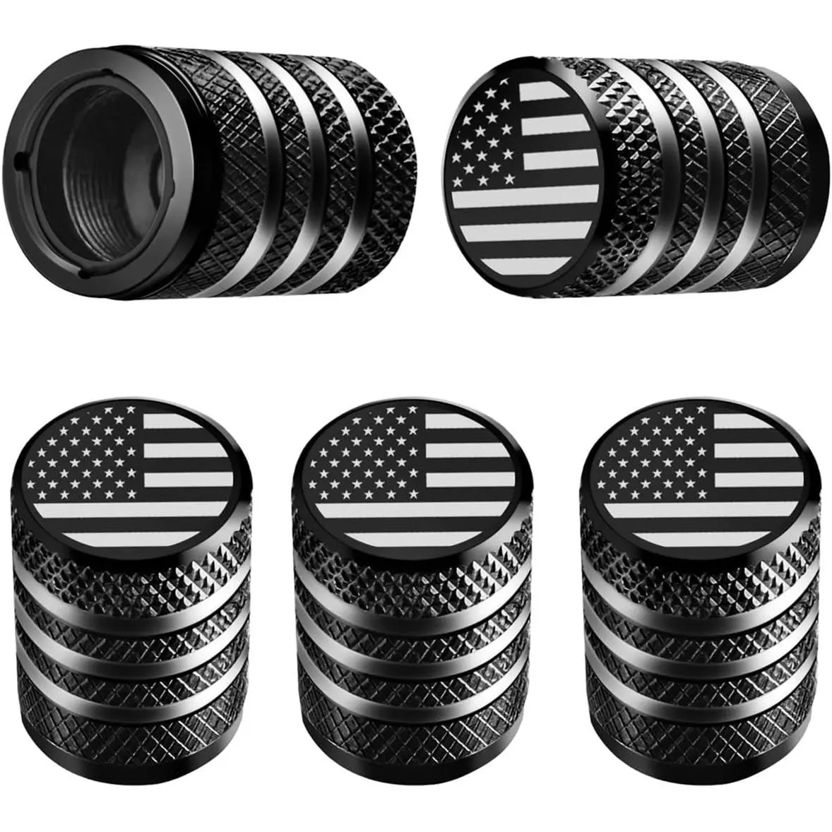 5-Pack Metal Laser Etched Aluminum Alloy American Flag Car Tire Caps, Corrosion-Resistant Auto Parts with Plastic Inner Liner, Easy-Installation for Cars, Semi Truck Accessories (5-Pack Value)