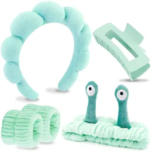 Spa Headband Set for Makeup & Skincare 5 Pcs Sponge Headbands Snail Hairband Facial Wristband Light Green Trendy Hair Accessories for Teen Girls Women