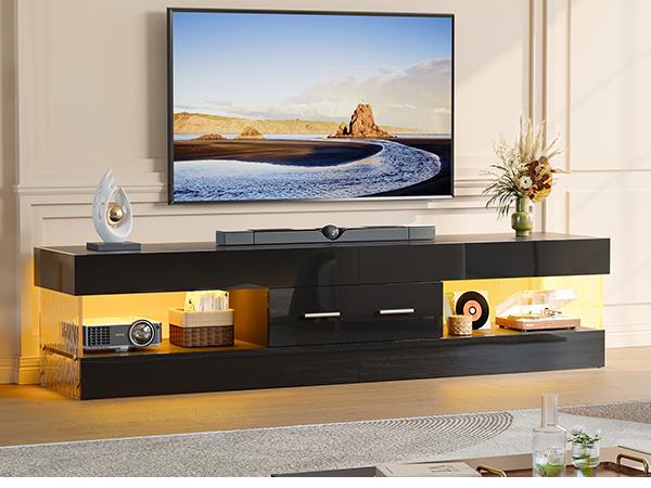 TV Stand for TVs up to 75" Modern Entertainment Center with LED Light High Gloss TV Console Table Storage Drawers